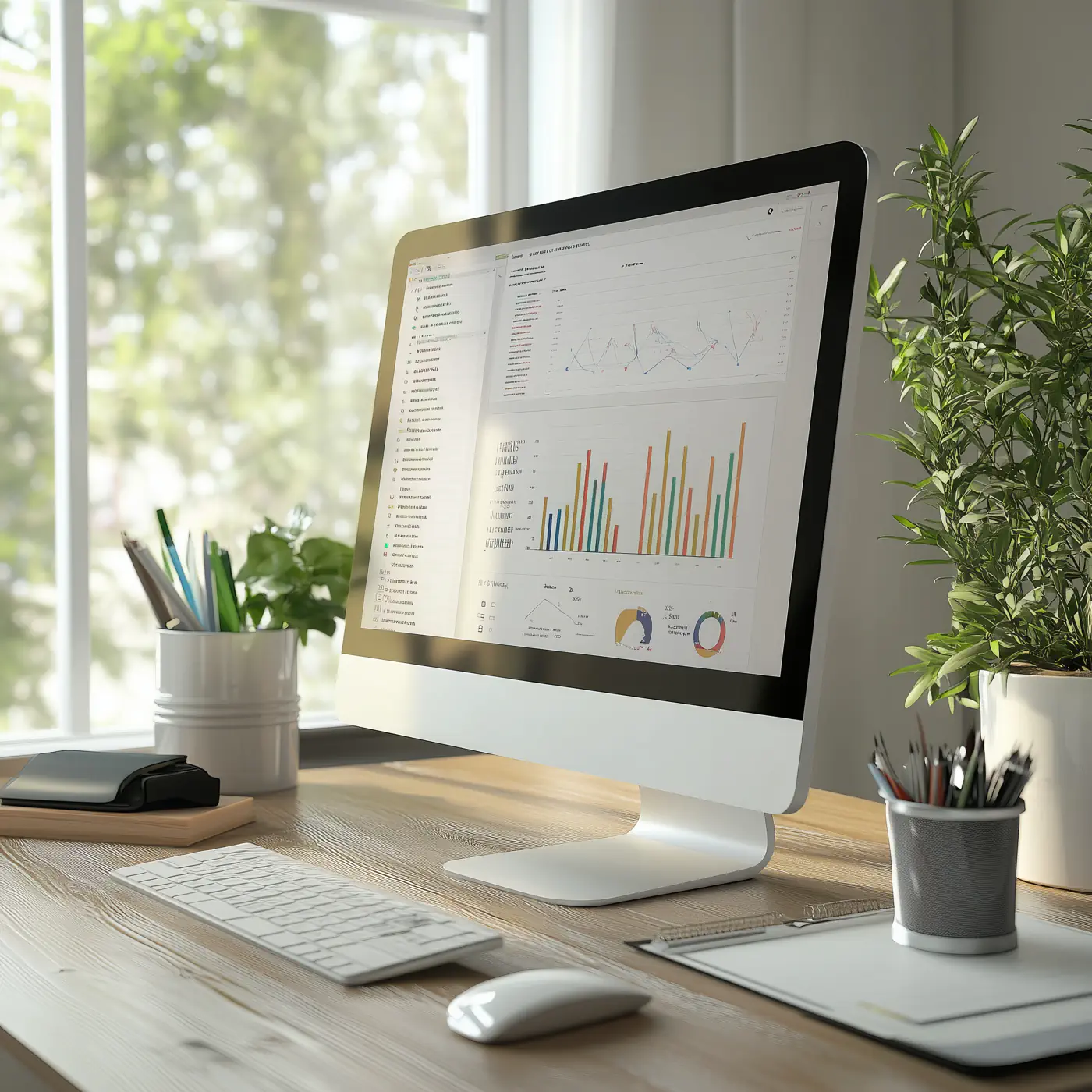 Desktop computer displaying colorful data charts on bright office desk